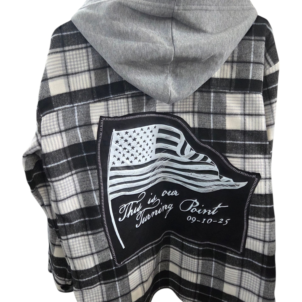 Upcycled Plaid Hooded Jacket with Flag Patch